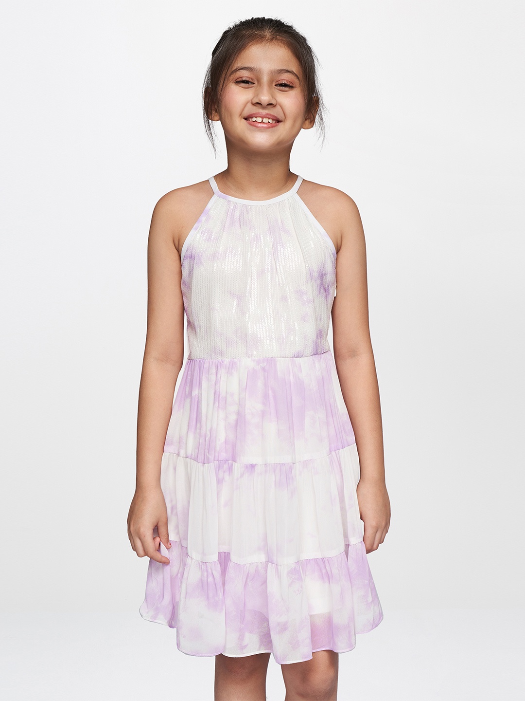 

AND Purple & White Tie and Dye Dyed Halter Neck Net Dress