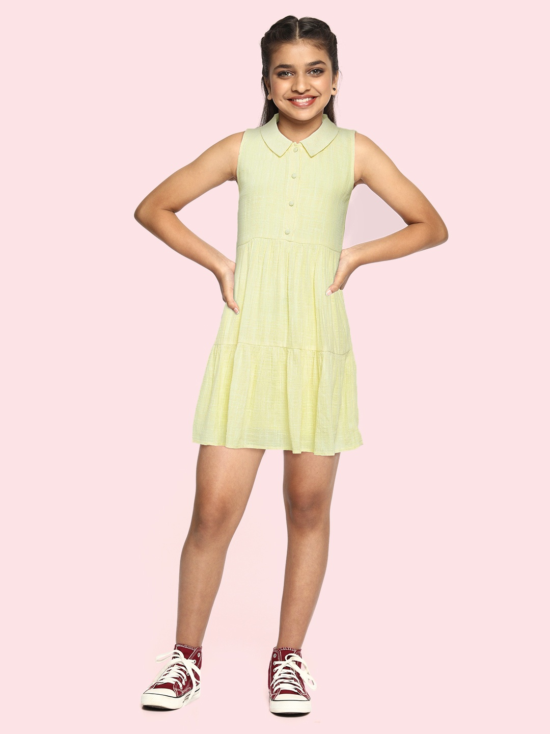 

AND Girls Yellow Solid Tiered A-Line Dress