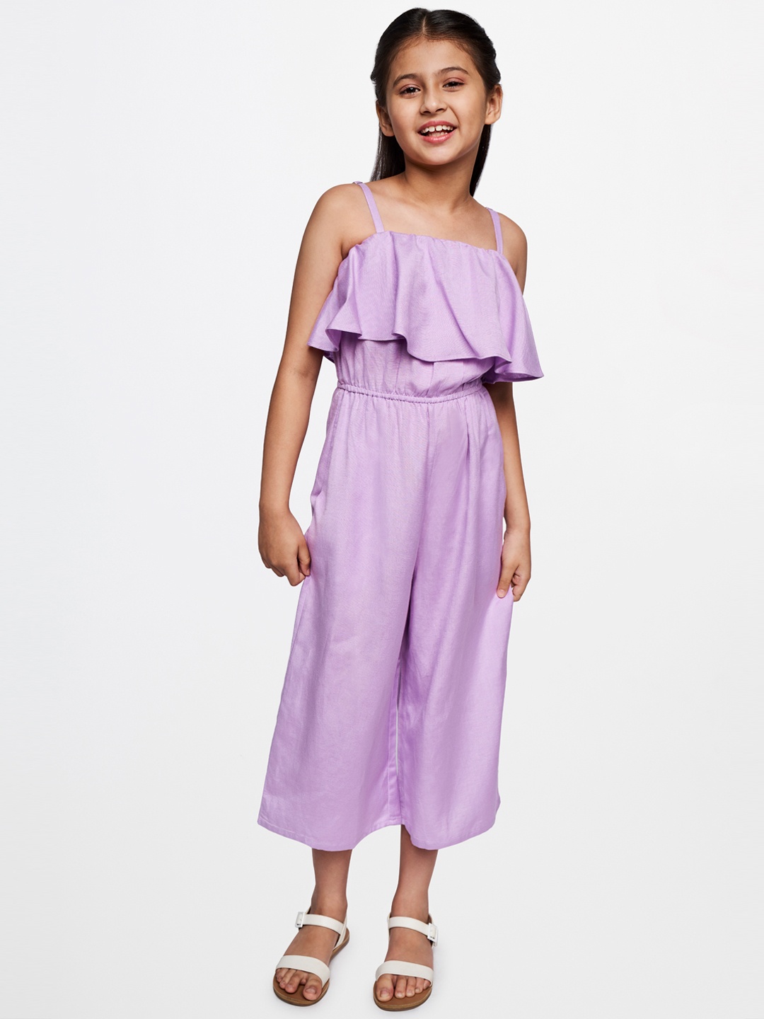 

AND Girls Purple Solid Basic Jumpsuit with Ruffles