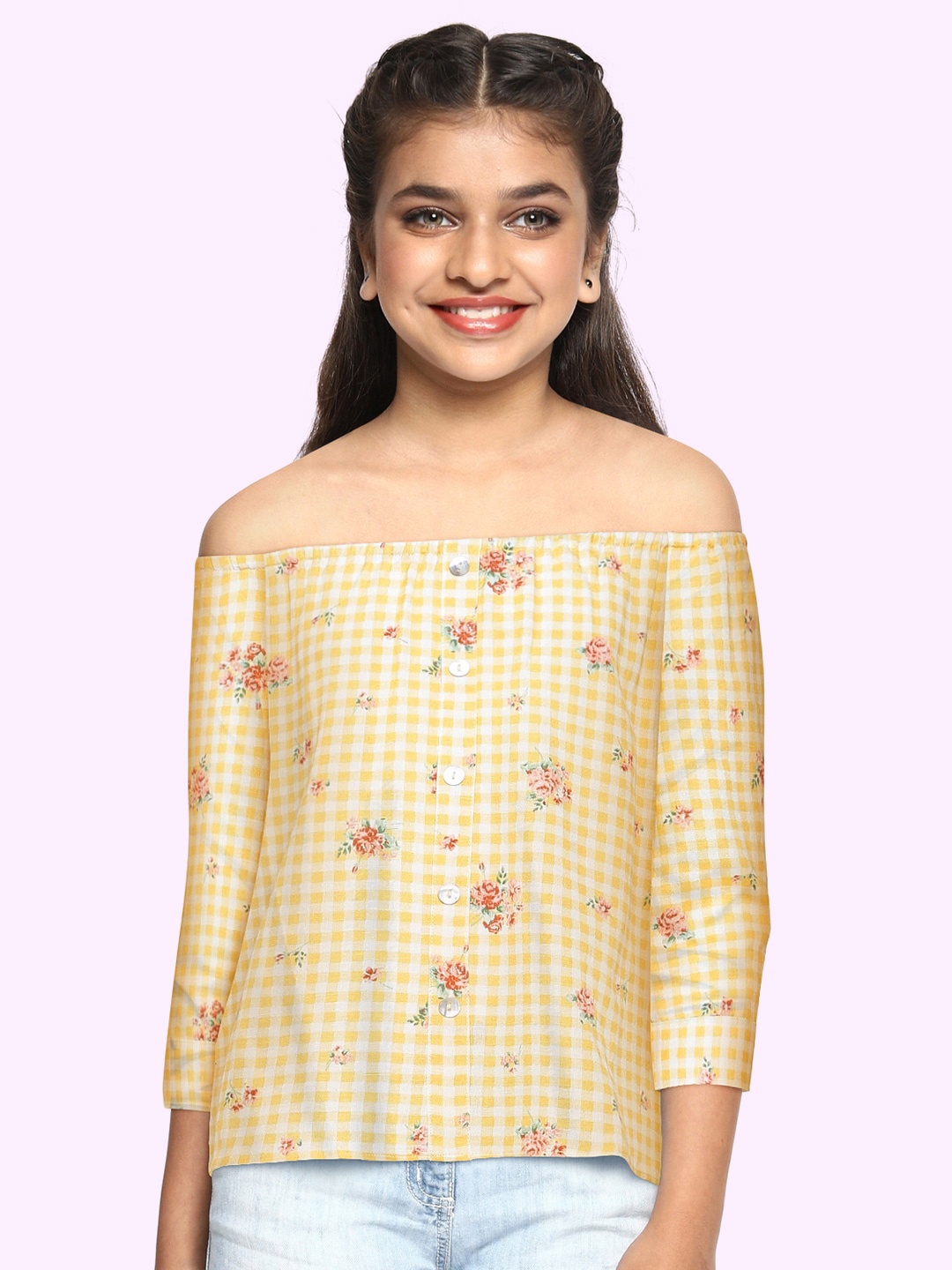 

AND Girls Yellow & White Checked Floral Printed Top