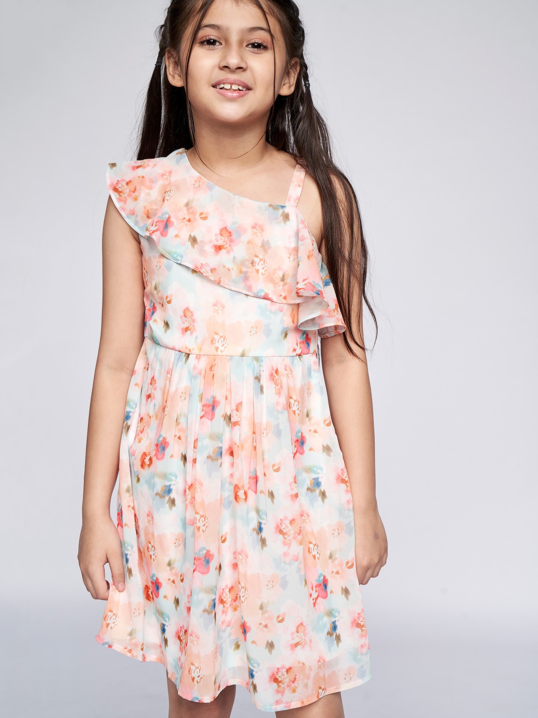 

AND Girls Blue & Peach Pink Floral Print One Shoulder Pleated Polyester Fit & Flare Dress