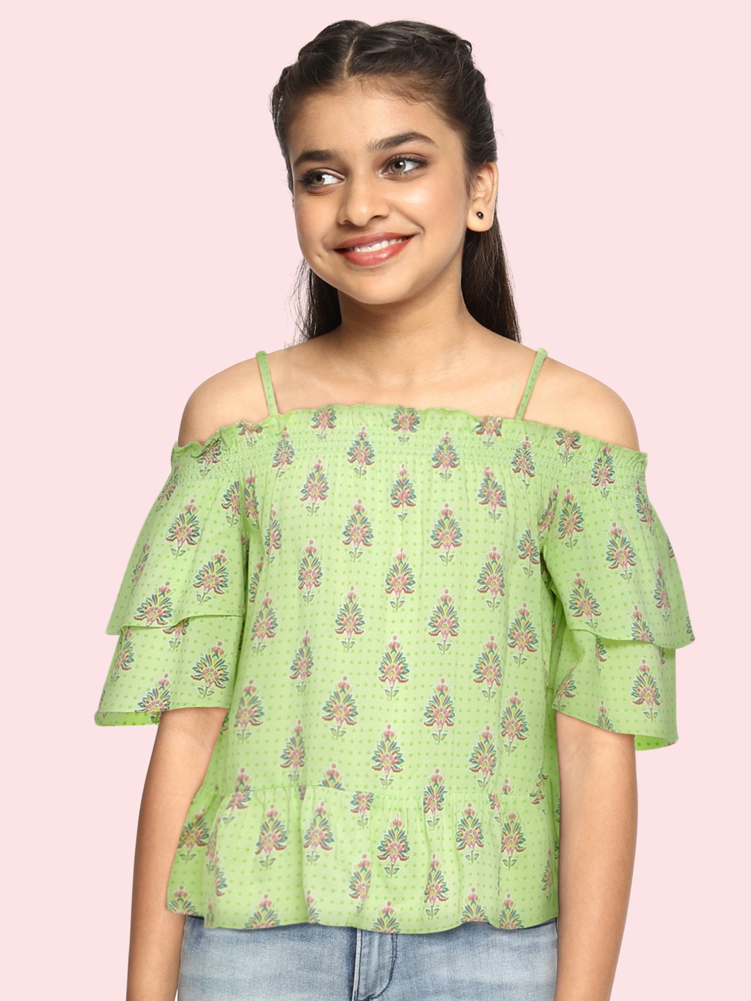 

Global Desi Girls Lime Green Floral Printed Top