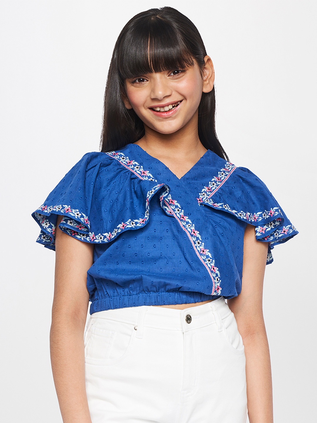 

Global Desi Blue Floral Embroidered Blouson Crop Top