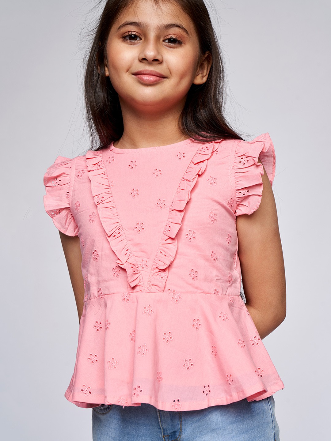 

AND Girls Pink Schiffli Pure Cotton Top With Ruffles