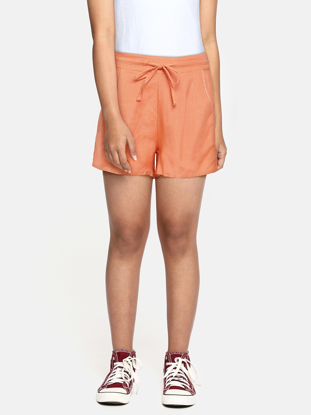 

Global Desi Girls Orange Solid Mid-Rise Shorts