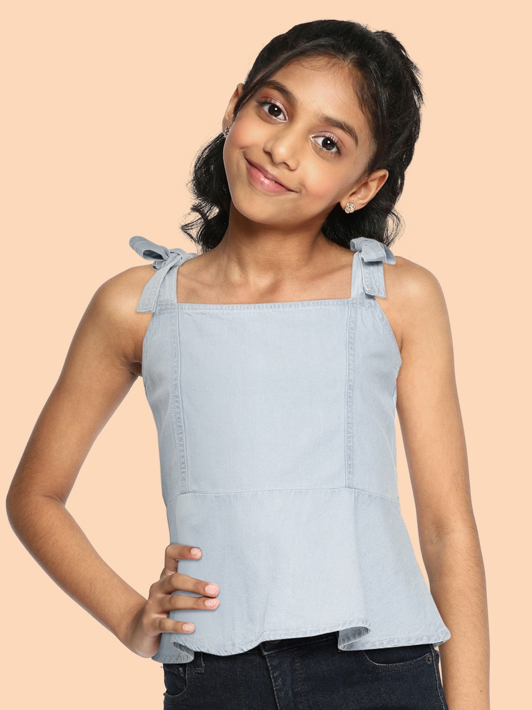 

AND Girls Blue Solid Shoulder Straps Smocked Pure Cotton Peplum Top