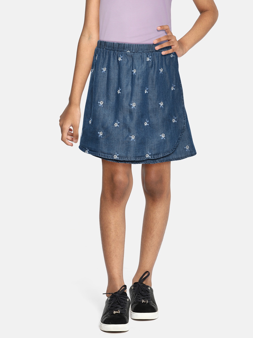 

Global Desi Girls Blue Floral Embroidered A-Line Skirt