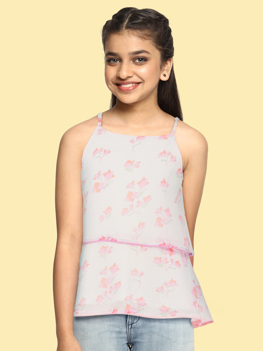 

Global Desi Girls Pink Floral Printed Tiered Top