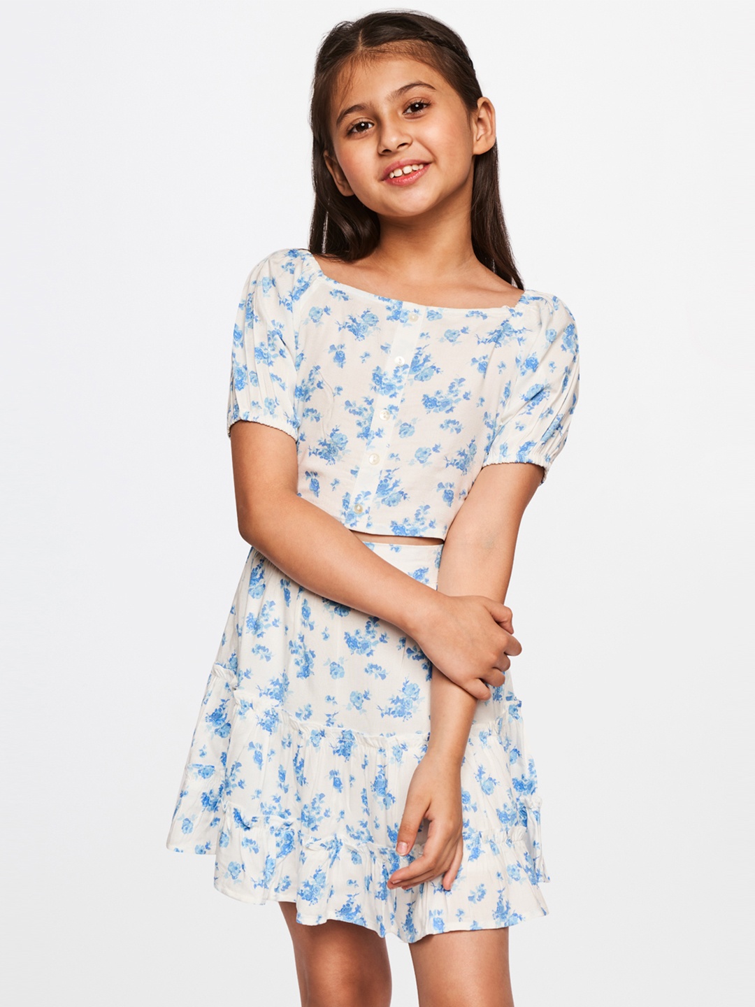 

AND Girls White & Blue Printed Top with Trousers