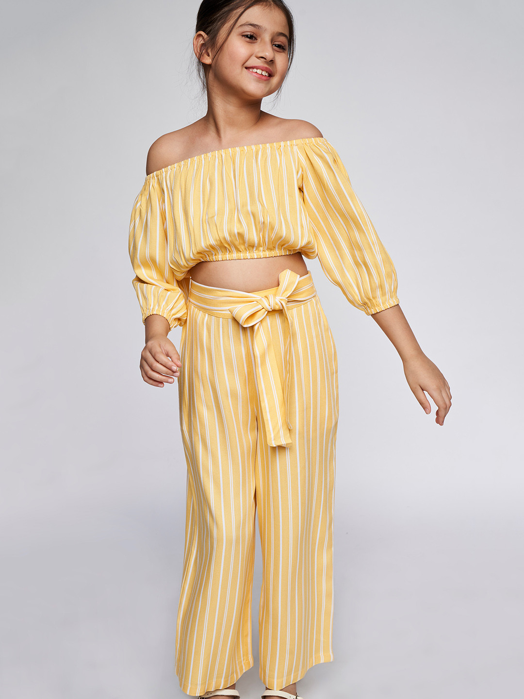 

AND Girls Yellow Striped Top with Straight Fit Palazzos