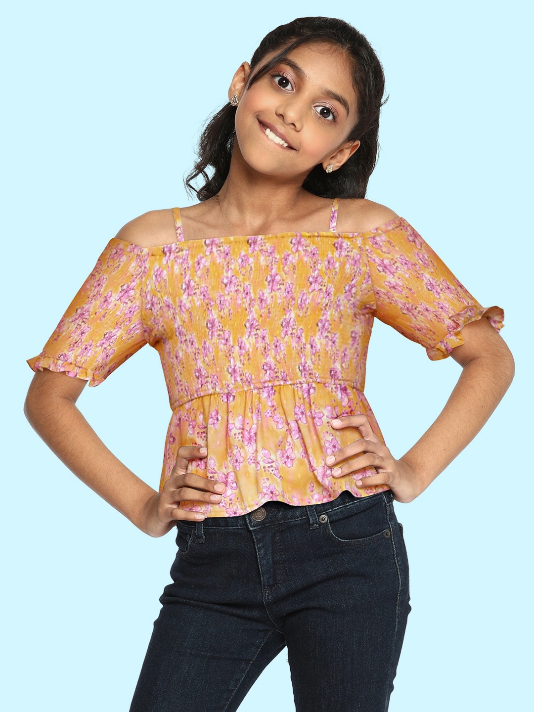 

Global Desi Girls Mustard Yellow & Pink Floral Printed Pure Cotton Smocked Fitted Top