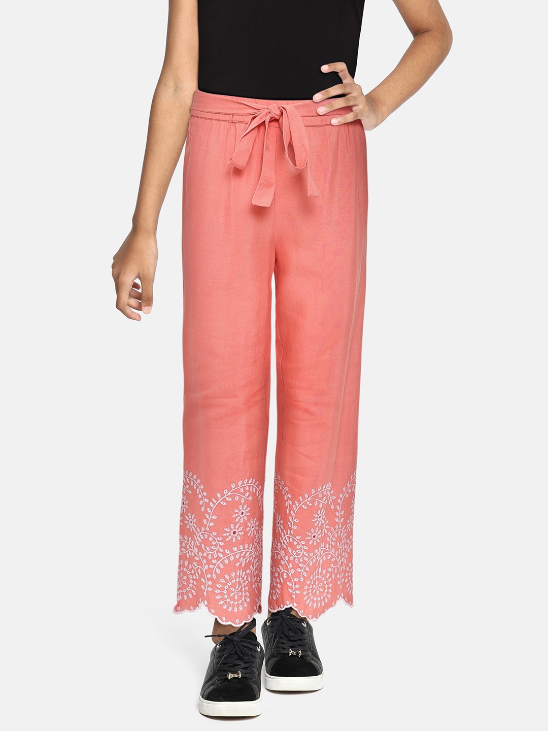 

Global Desi Girls Coral Pink Flared Mid-Rise Easy Wash Pleated Knitted Anti Fit Trousers