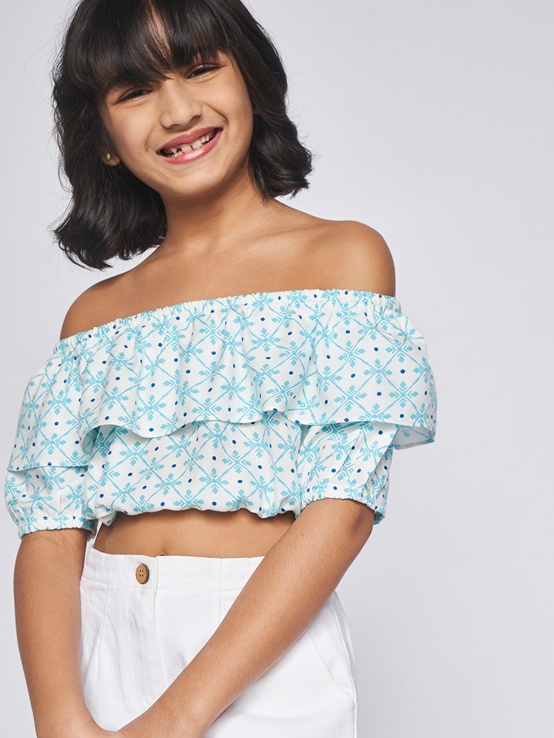 

Global Desi Girls Blue & White Ethnic Motifs Print Square Neck Puff Sleeves Cape Top