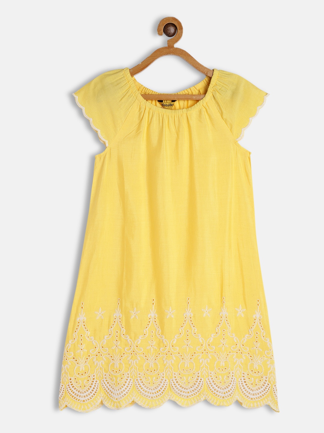 

Global Desi Girls Yellow Floral Embroidered A-Line Dress