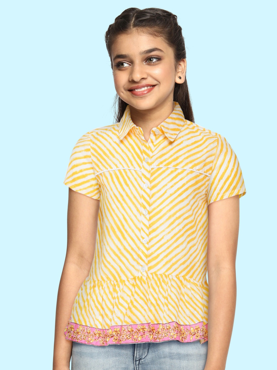 

Global Desi Girls White & Yellow Striped Pure Cotton Shirt Style Top