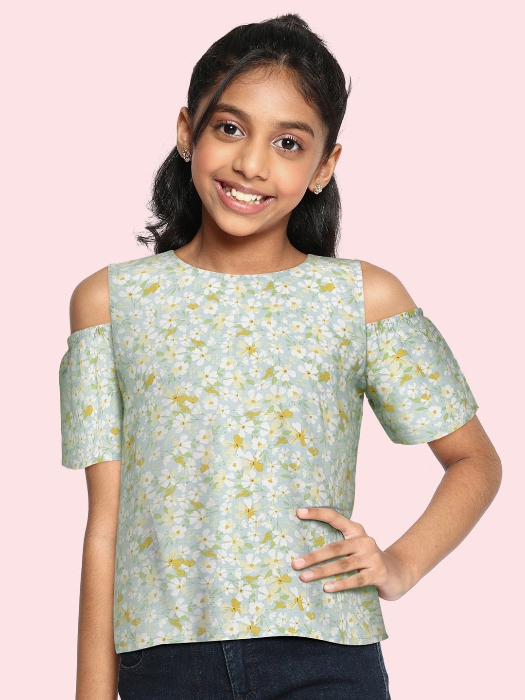 

AND Girls Mint Green & Beige Floral Printed Top