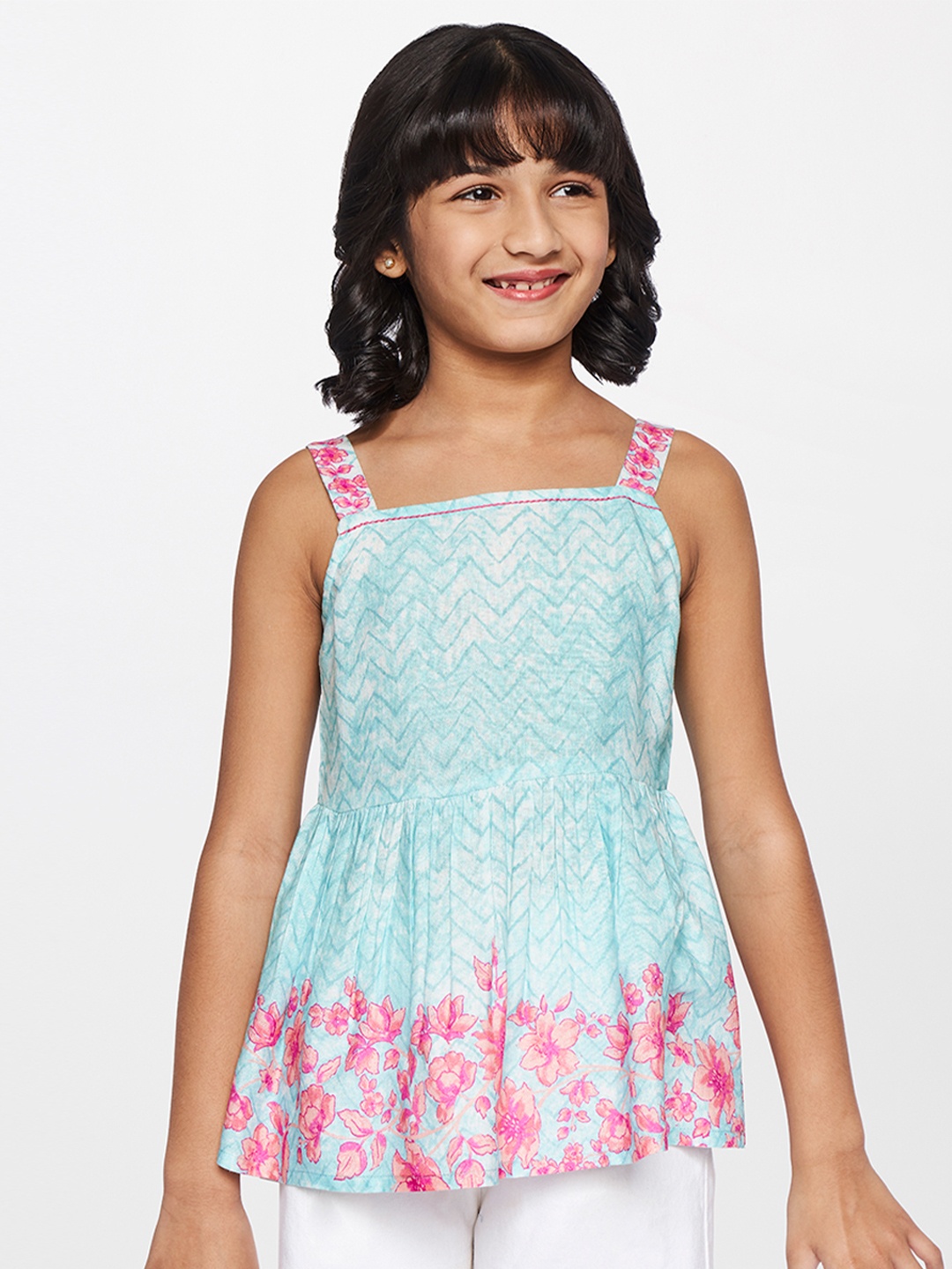 

Global Desi Blue & Pink Floral Top