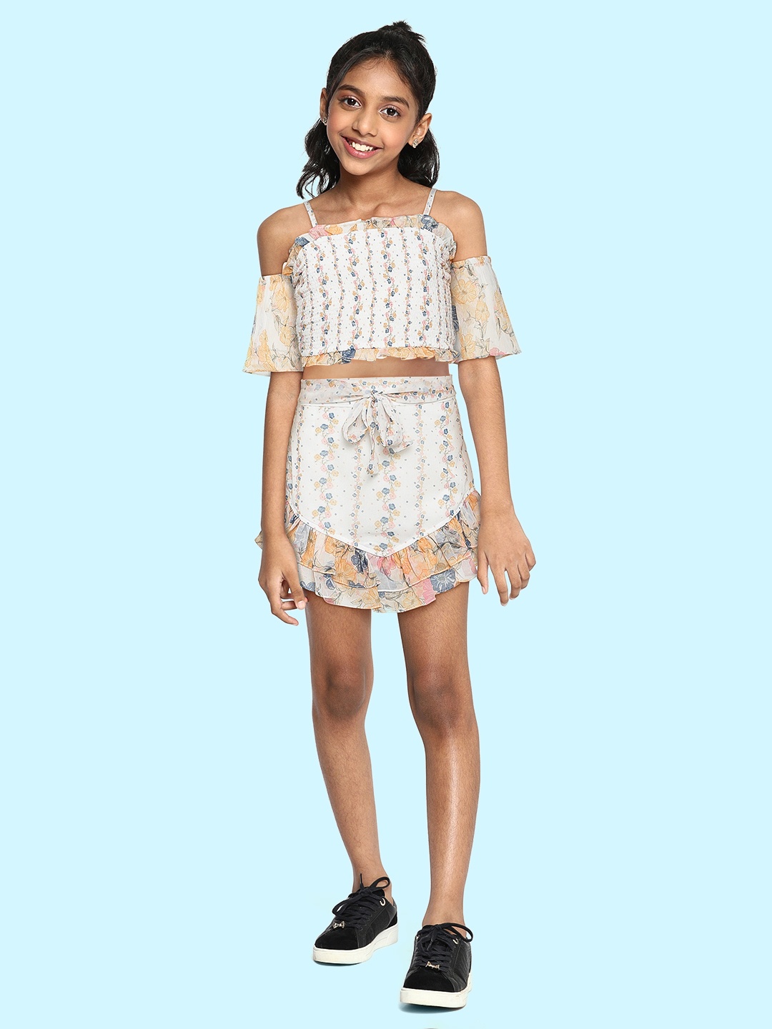 

AND Girls White & Orange Floral Print Cold-Shoulder Sleeves Smocking Top with Skirt