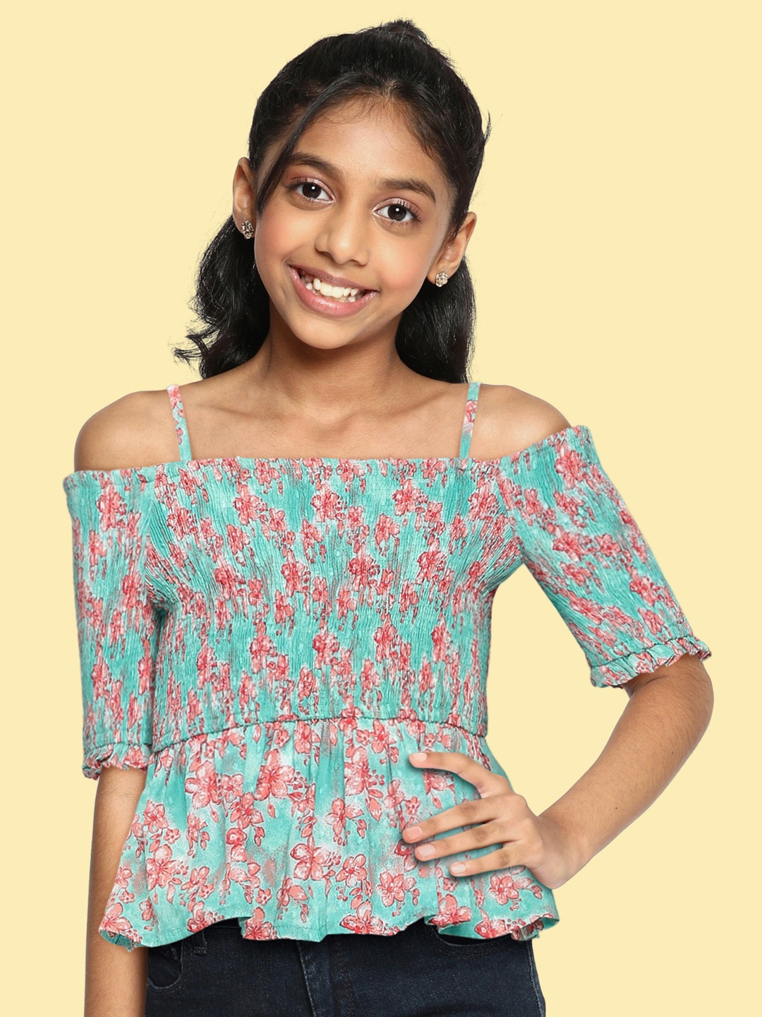 

Global Desi Girls Sea Green & Coral Red Floral Printed Pure Cotton Smocked Fitted Top