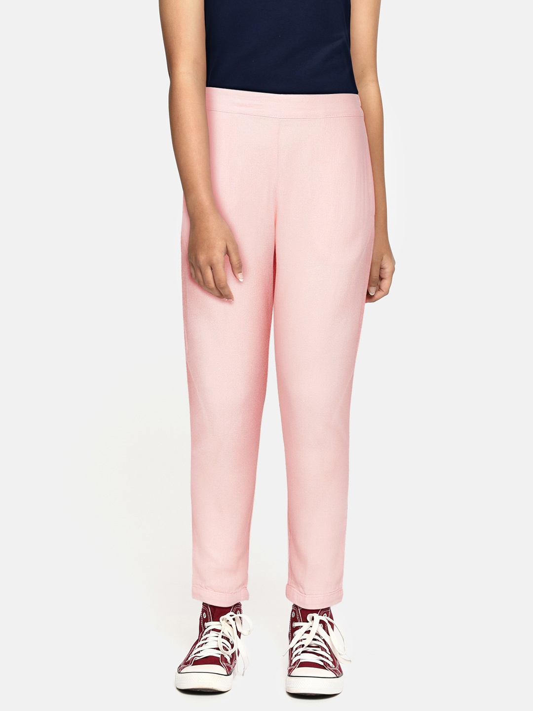 

AND Girls Pink Solid Regular Fit Mid-Rise Plain Linen Woven Flat-Front Regular Trousers