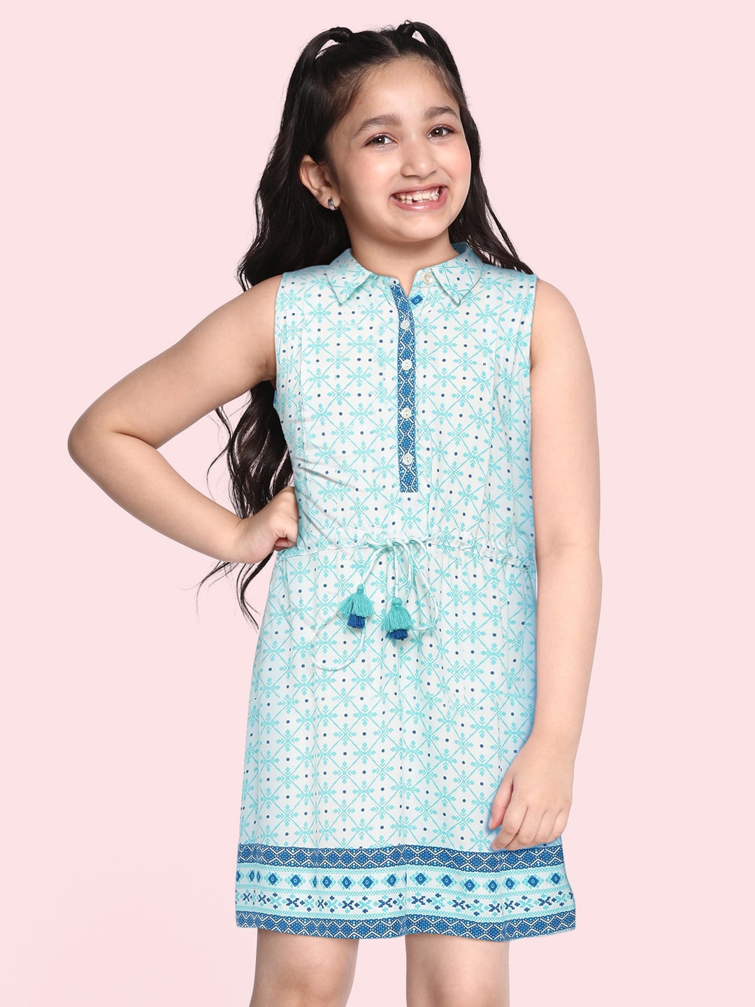 

Global Desi Girls Blue & White Ethnic Motifs Print Shirt Collar A-Line Midi Dress