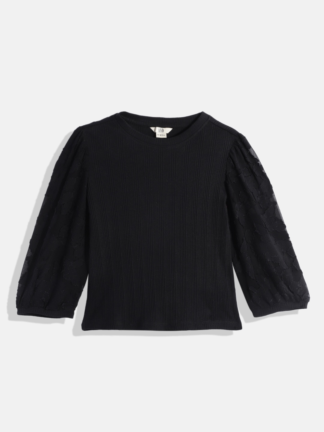 

AND Girls Black Ribbed Round Neck Bishop Sleeves Floral Applique Regular Top