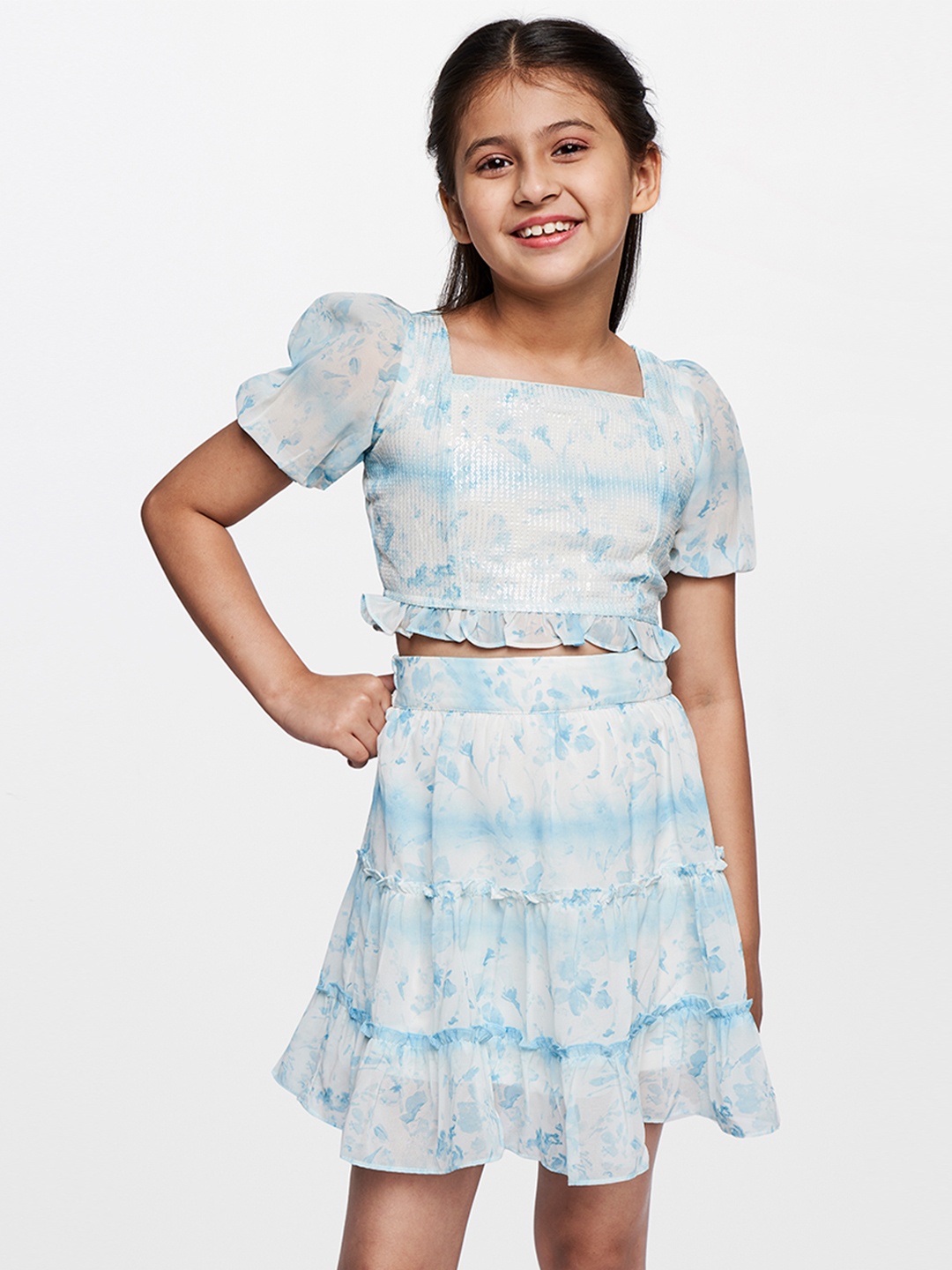 

AND Girls Blue & White Printed Top with Skirt