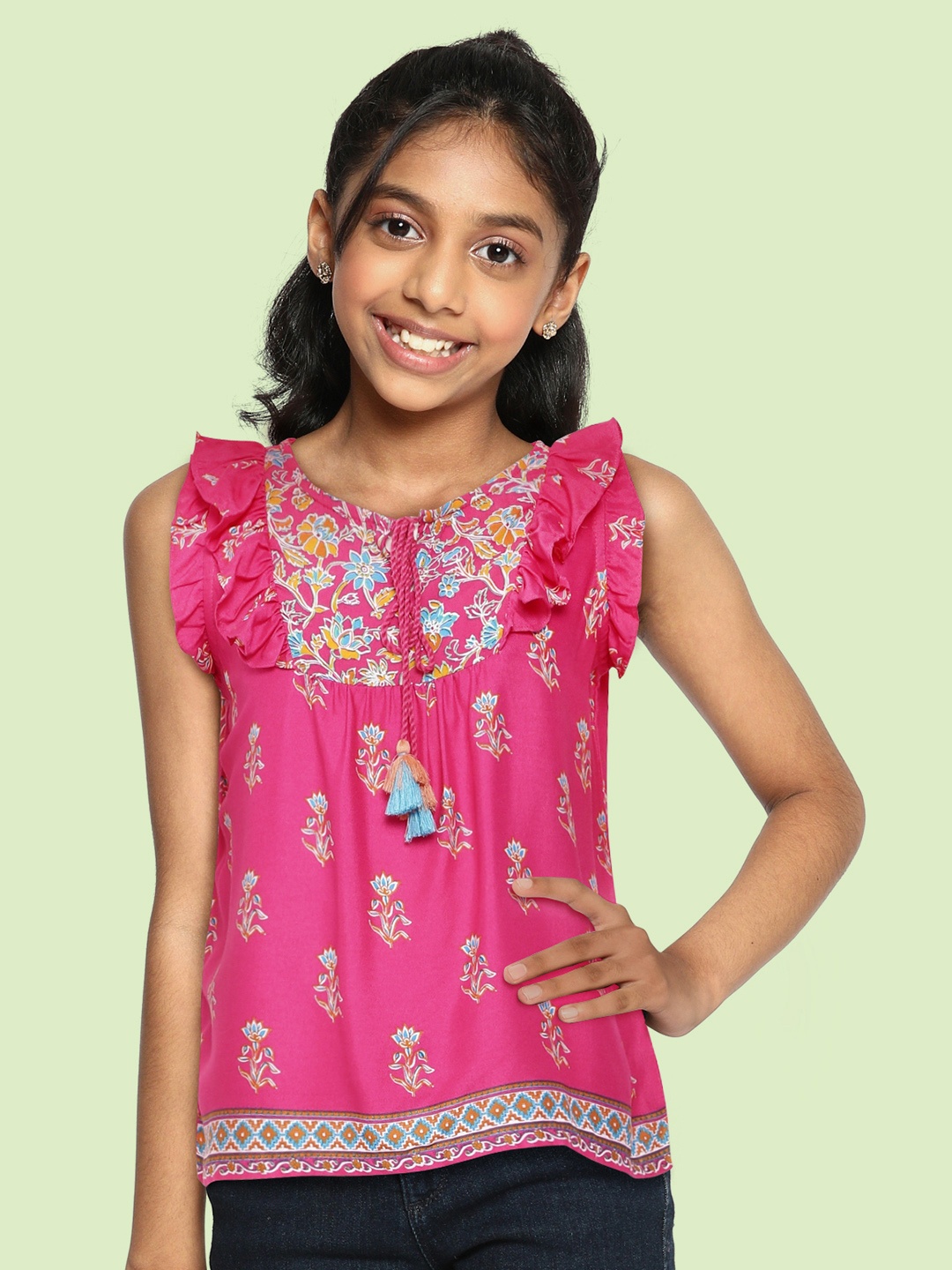 

Global Desi Girls Pink & Blue Floral Printed Ruffled Top With Tie-Up Neck