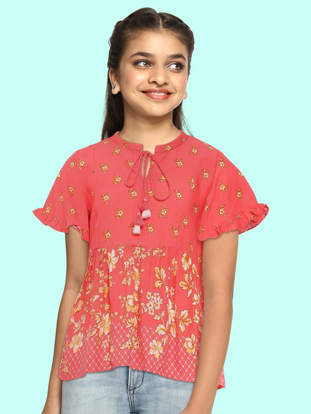 

Global Desi Girls Fuchsia Floral Printed Boxy Top