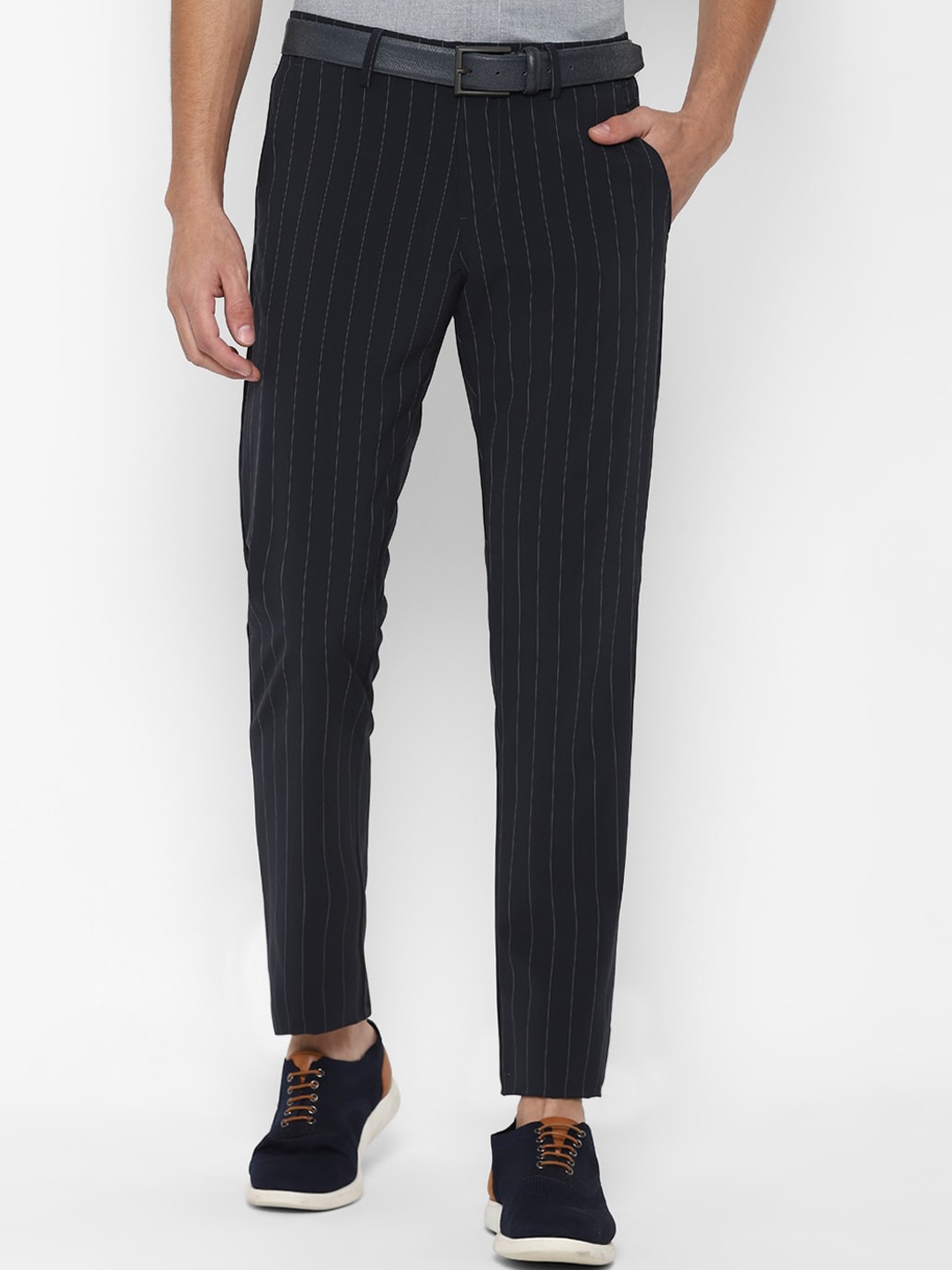 

Allen Solly Men Navy Blue Striped Slim Fit Trousers