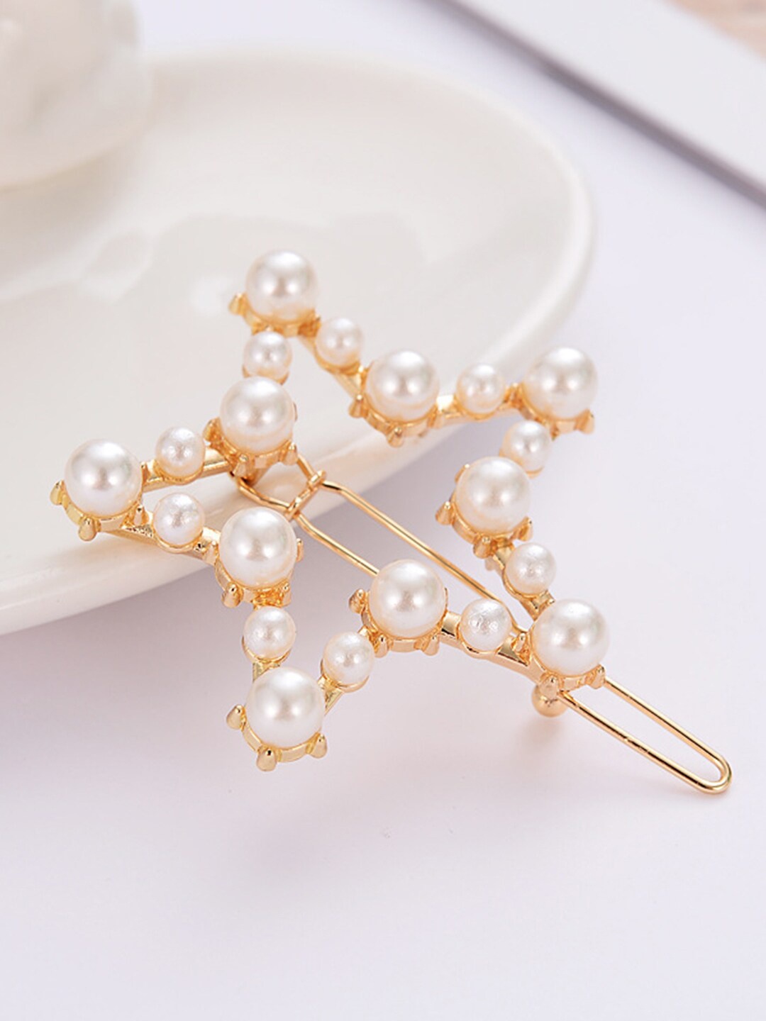 

Ferosh Women White & Gold-Toned Embellished Bobby Pin