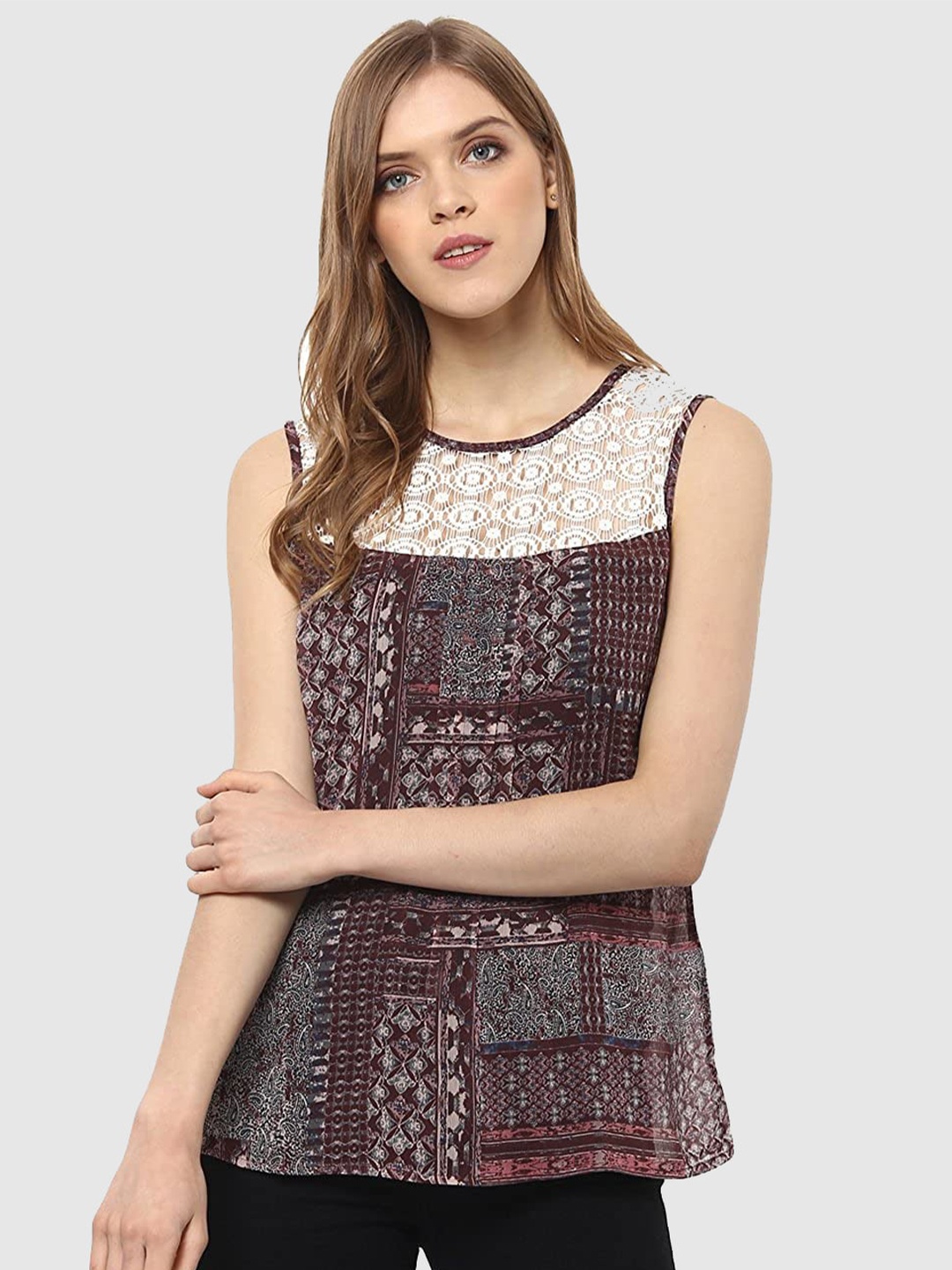 

Magnetic Designs Brown & White Print Chiffon Top