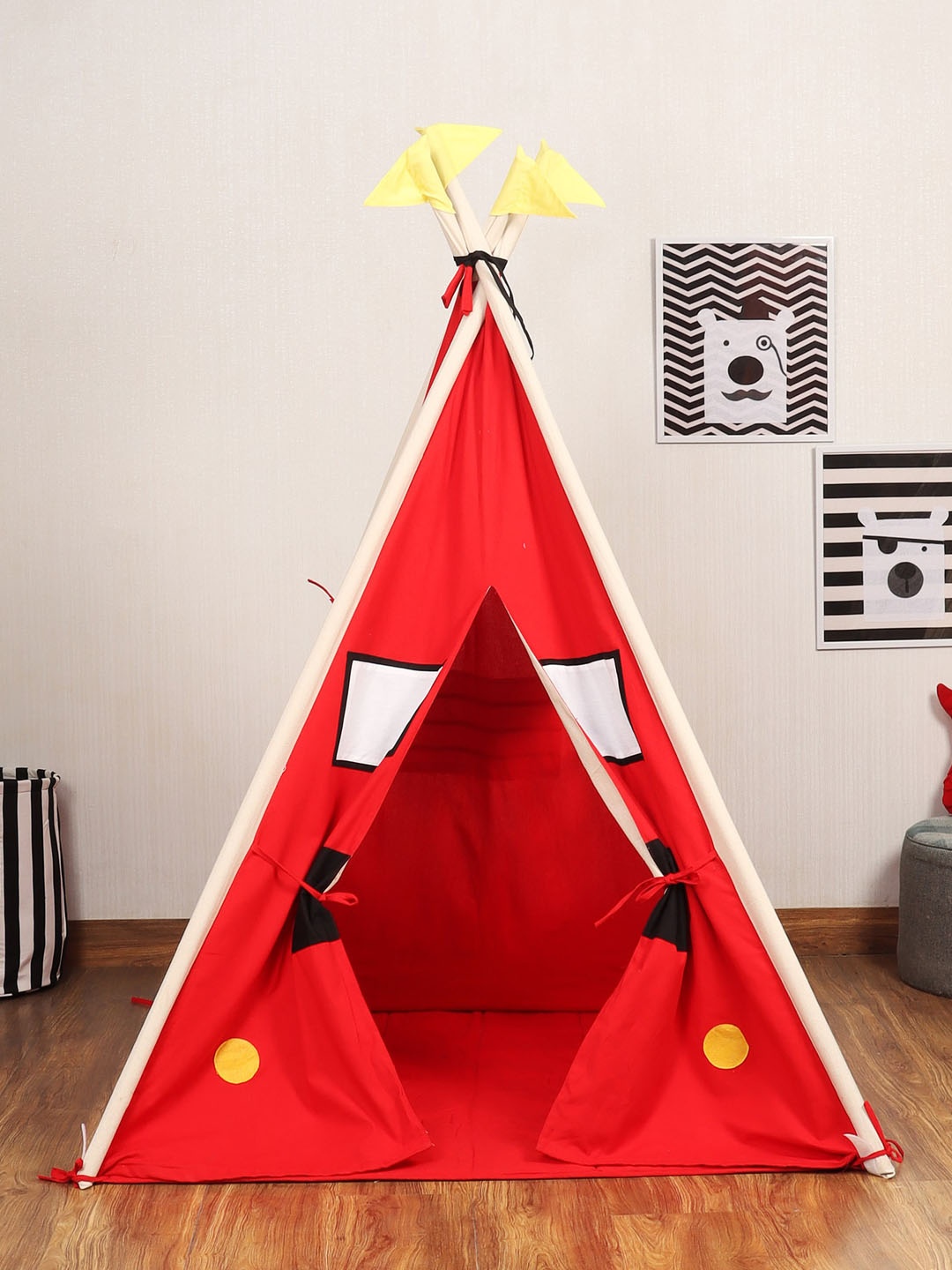 

My Gift Booth Kids Red & Black Portable Teepee Tent with Padded Mats