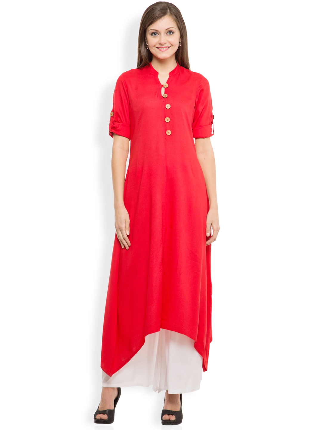 

Vishudh Women Red Solid Asymmetric Hemline A-Line Kurta