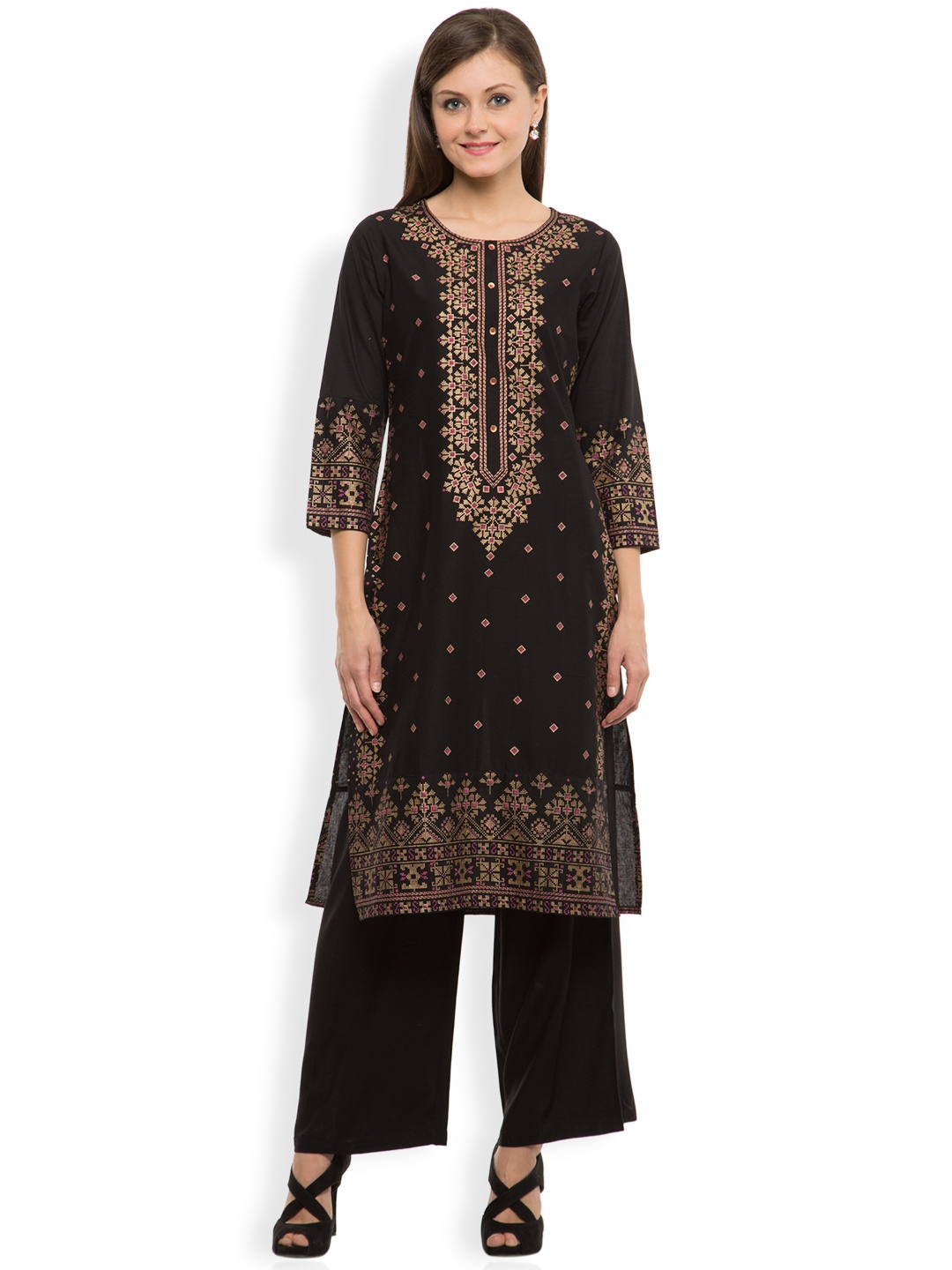 

Vishudh Women Black Printed Straight Kurta