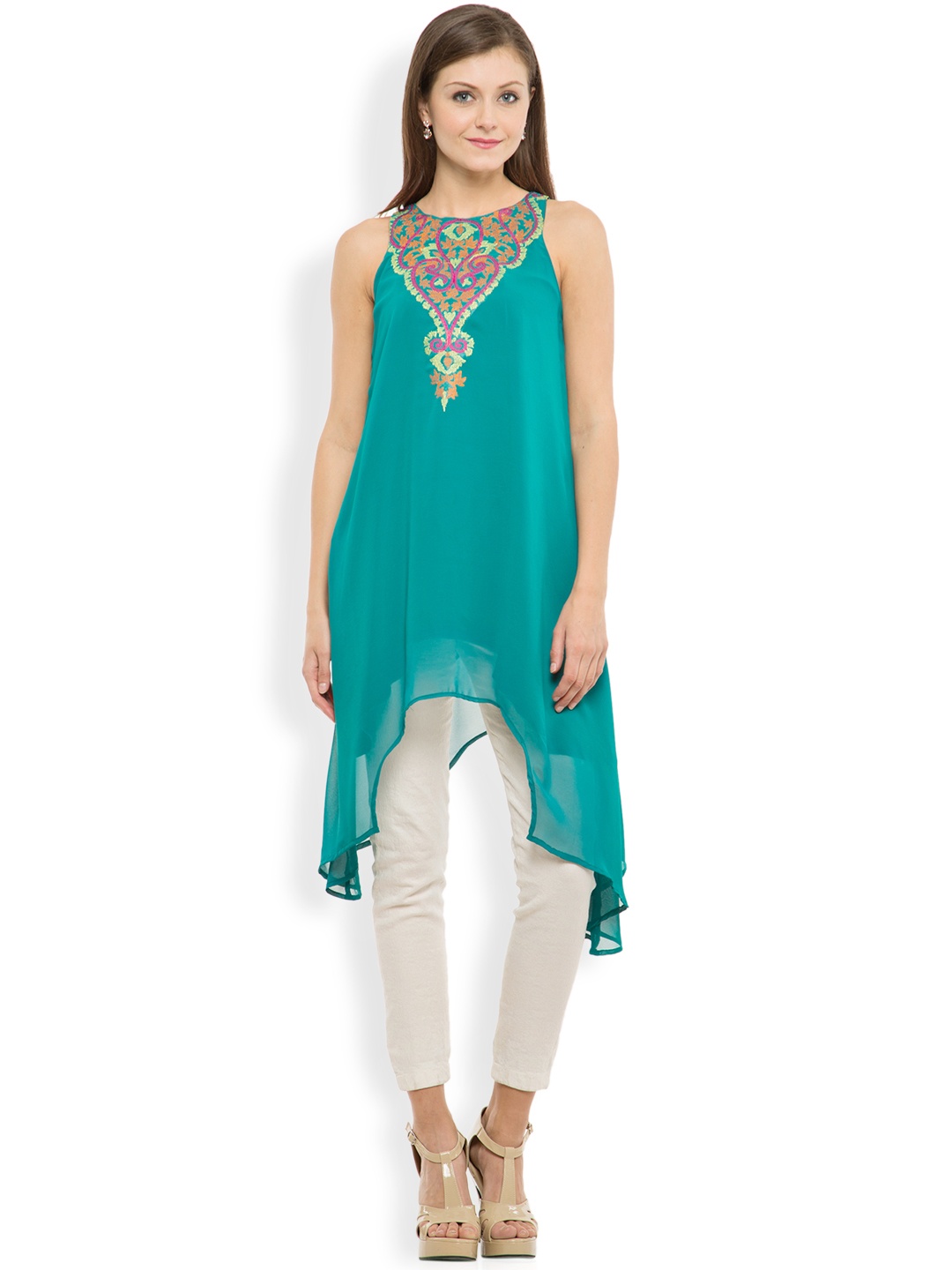 

Vishudh Women Green Embroidered A-Line Kurta