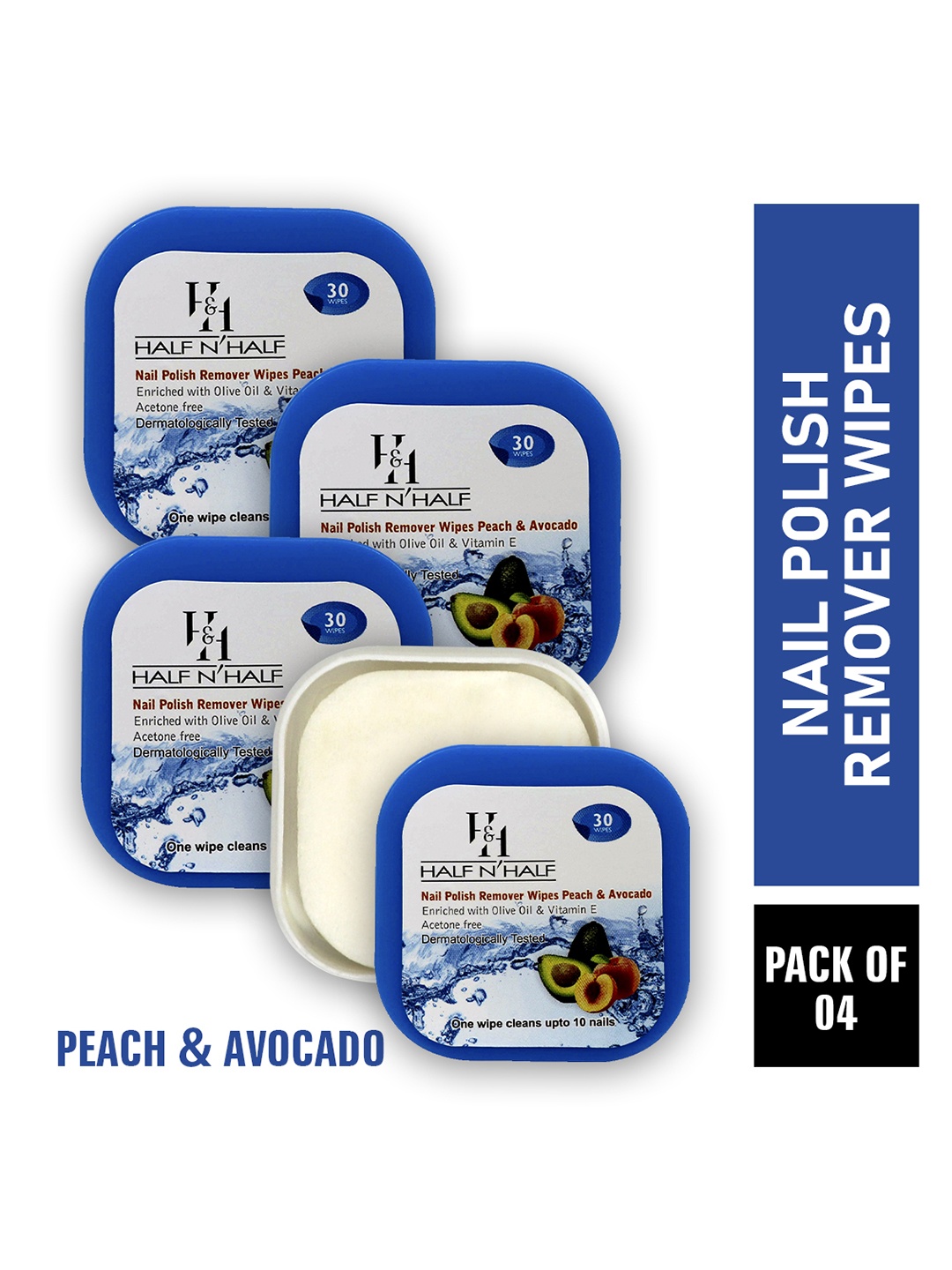 

Half N Half Pack of 4 Blue Peach and Avocado Nail Polish Remover Wipes