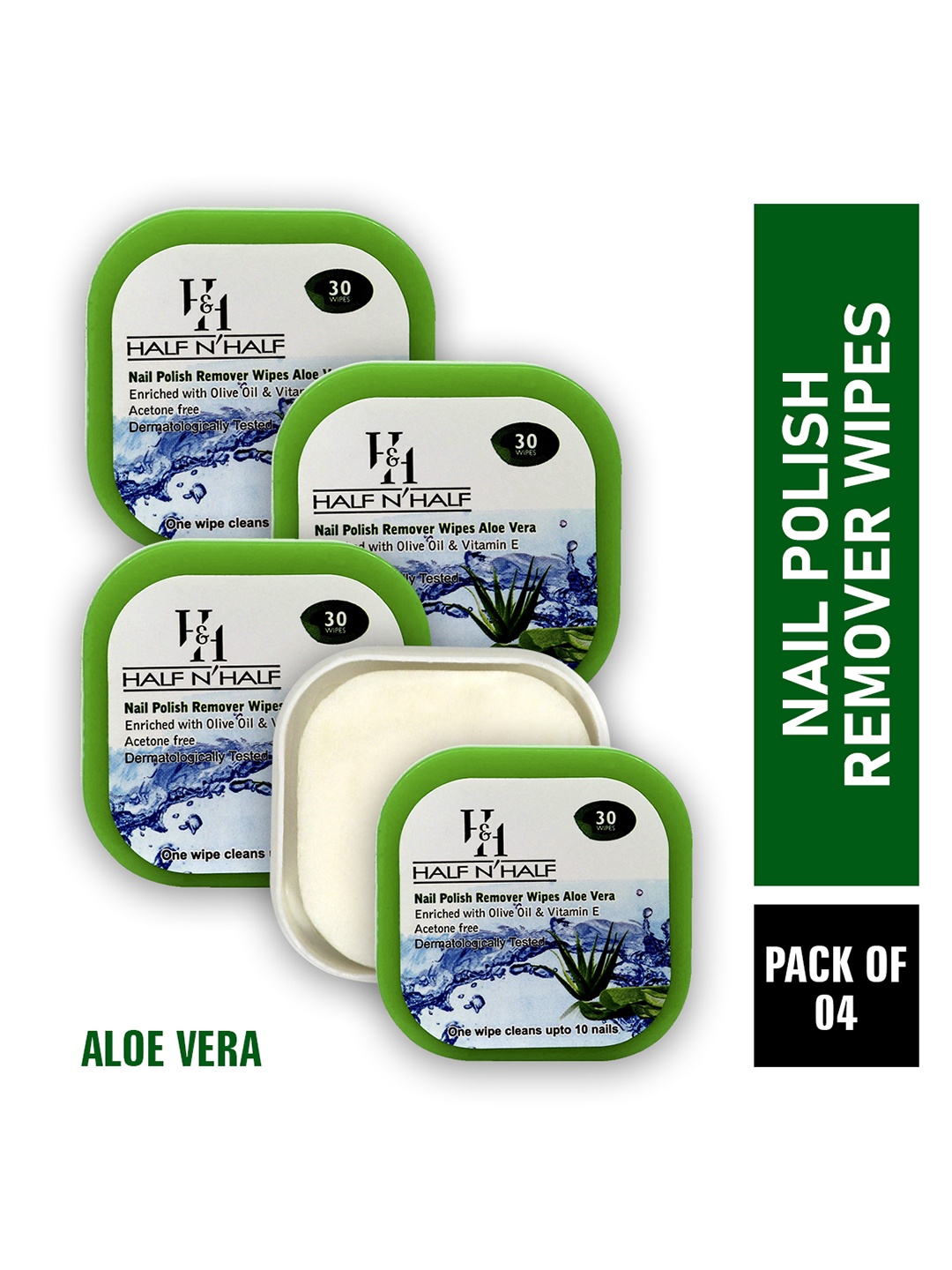 

Half N Half Set of 4 Nail Polish Remover Wipes - Aloe Vera 120 wipes, Beige