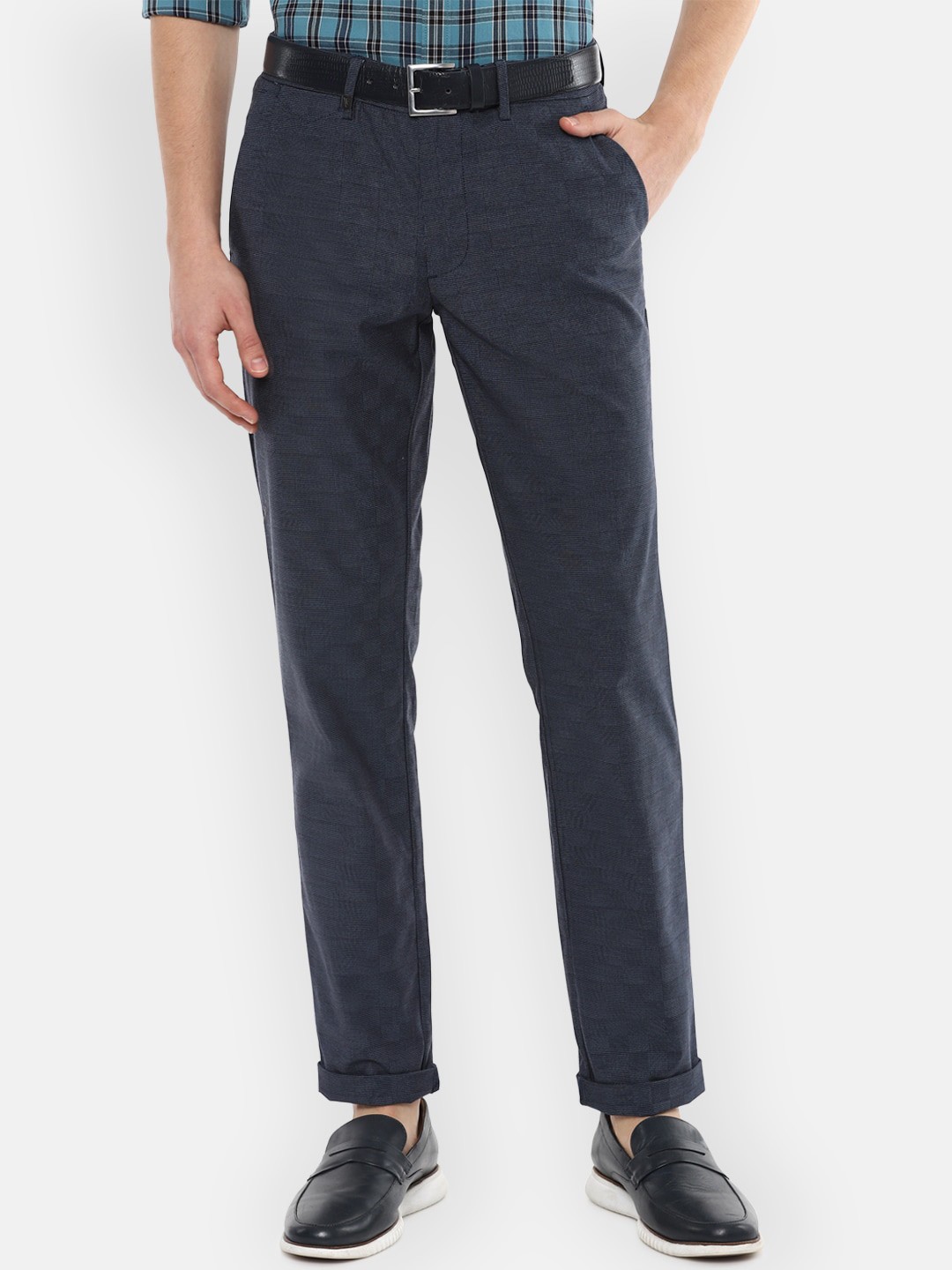 

Van Heusen Men Navy Blue Checked Slim Fit Trousers