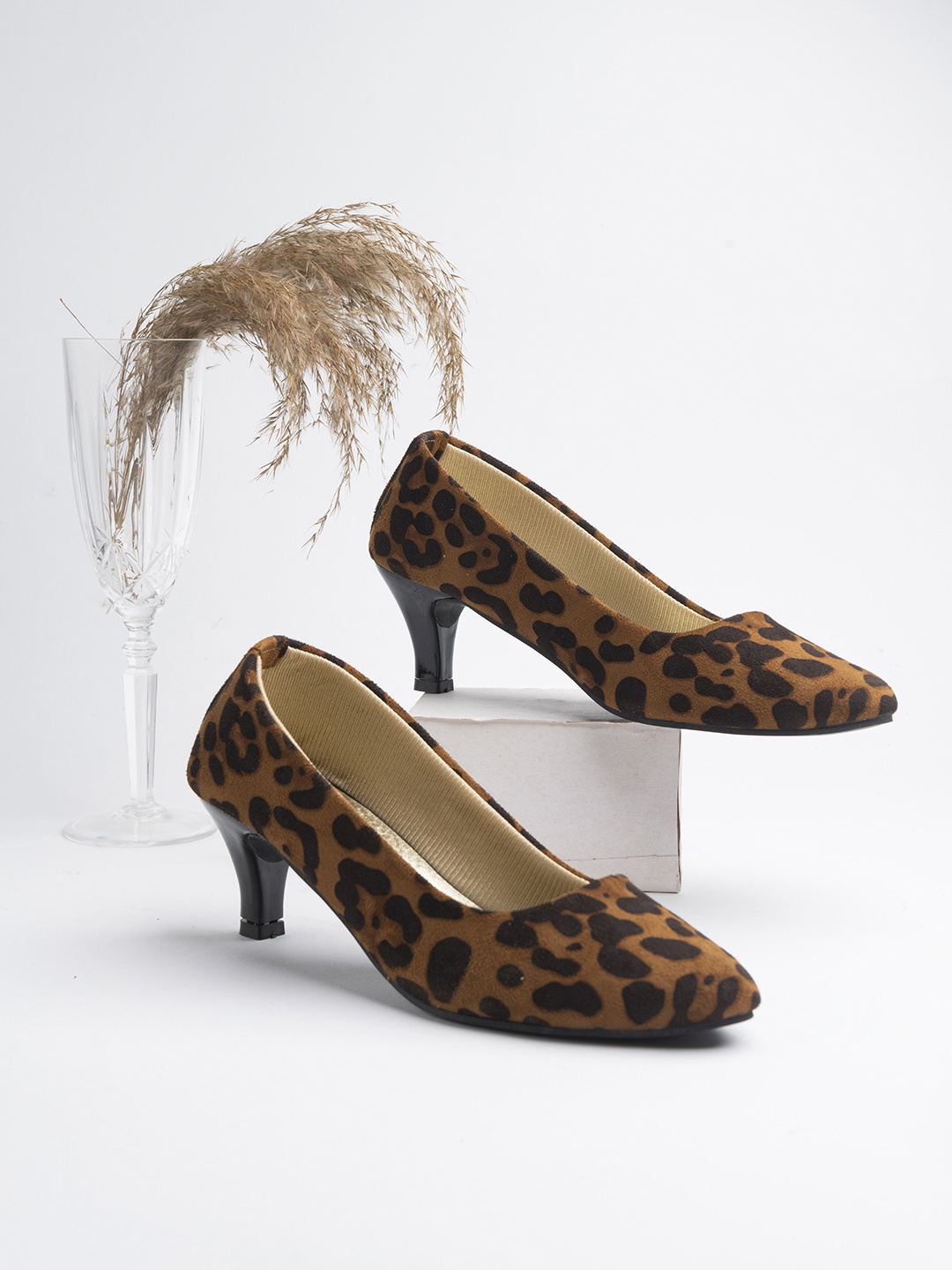 

Shoetopia Tan Printed Suede Kitten Pumps