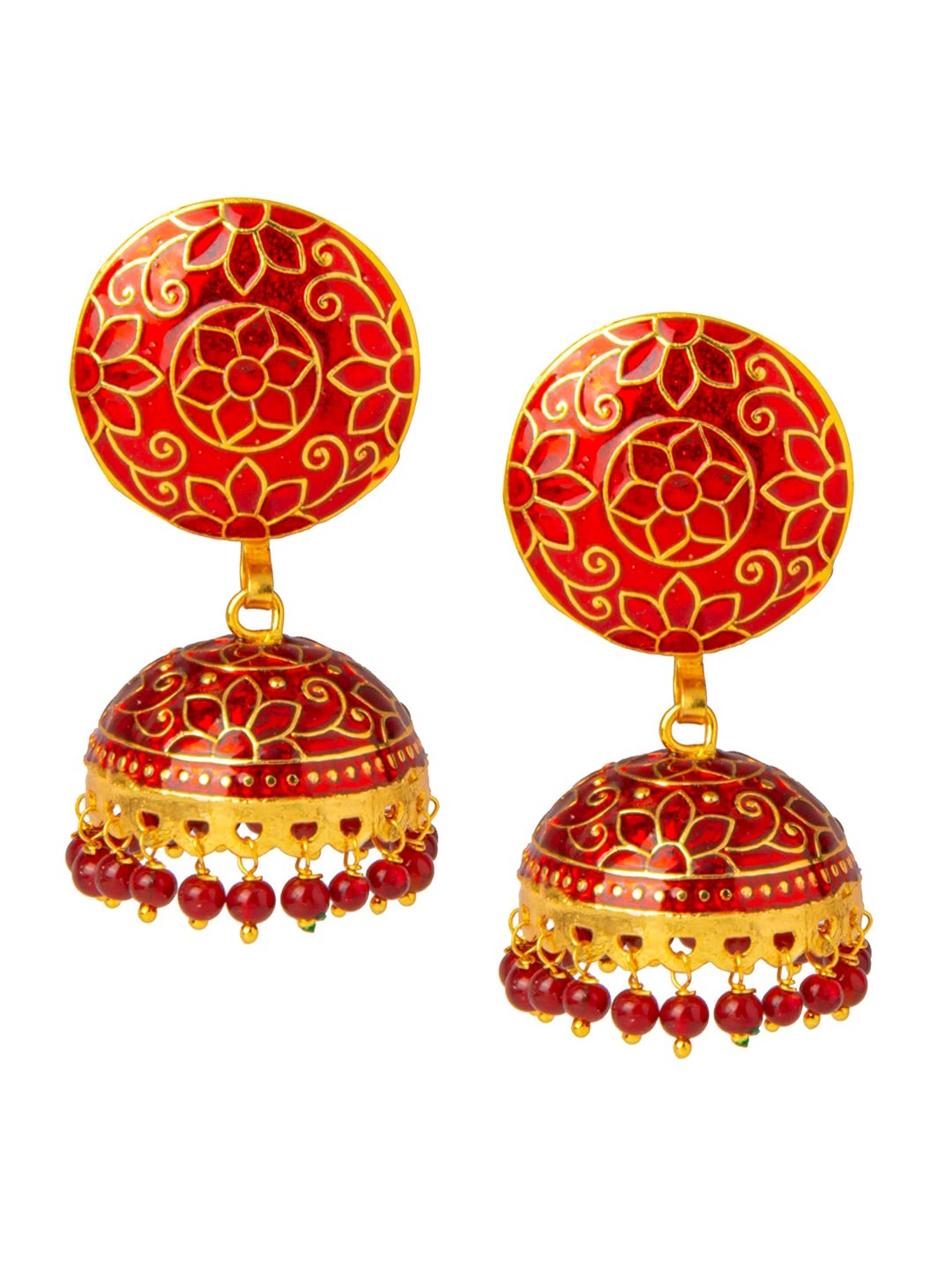 

Shining Jewel - By Shivansh Gold-Plated & Red Dome Shaped Jhumkas