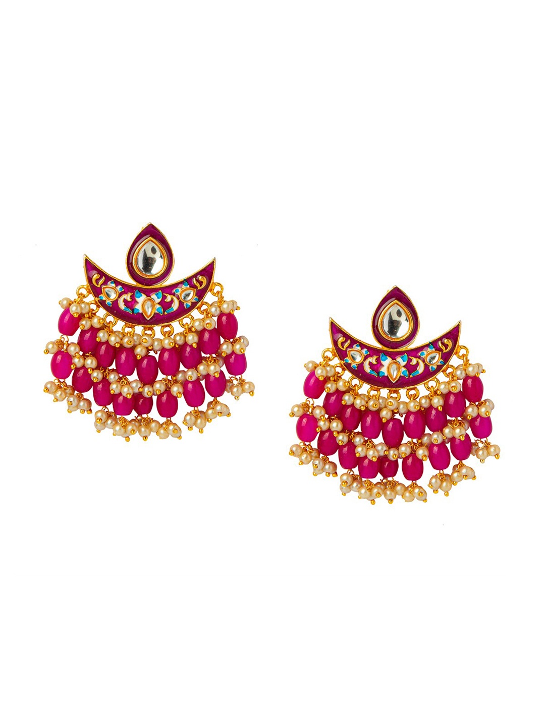 

Shining Jewel - By Shivansh Gold-Plated Pink & White Crescent Shaped Chandbalis