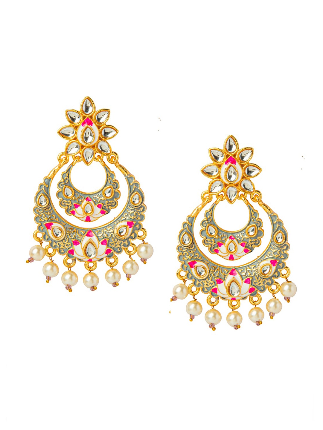

Shining Jewel - By Shivansh Gold-Plated Grey & White Crescent Shaped Chandbalis