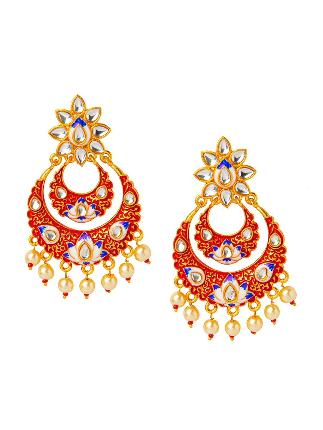 

Shining Jewel - By Shivansh Gold-Plated Red & Blue Crescent Shaped Chandbalis