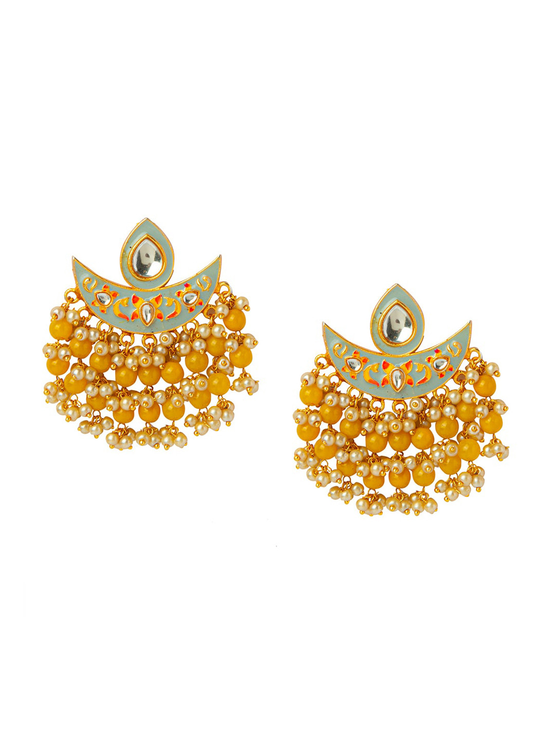 

Shining Jewel - By Shivansh Gold-Plated Grey & White Crescent Shaped Chandbalis