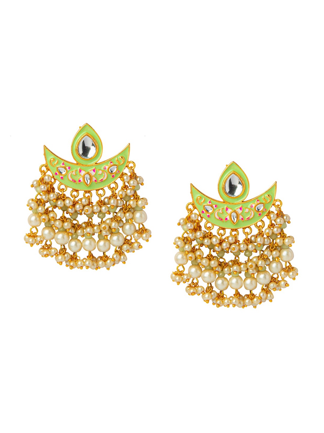 

Shining Jewel - By Shivansh Gold-Plated Green & White Crescent Shaped Chandbalis