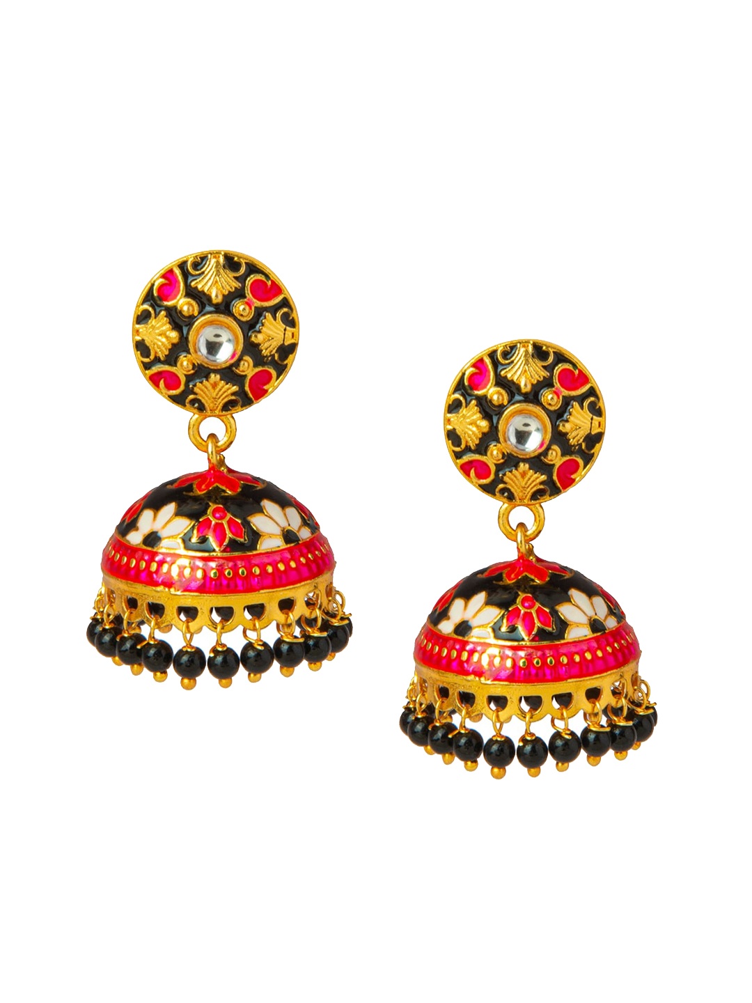 

Shining Jewel - By Shivansh Gold-Plated Black & Pink Dome Shaped Jhumkas