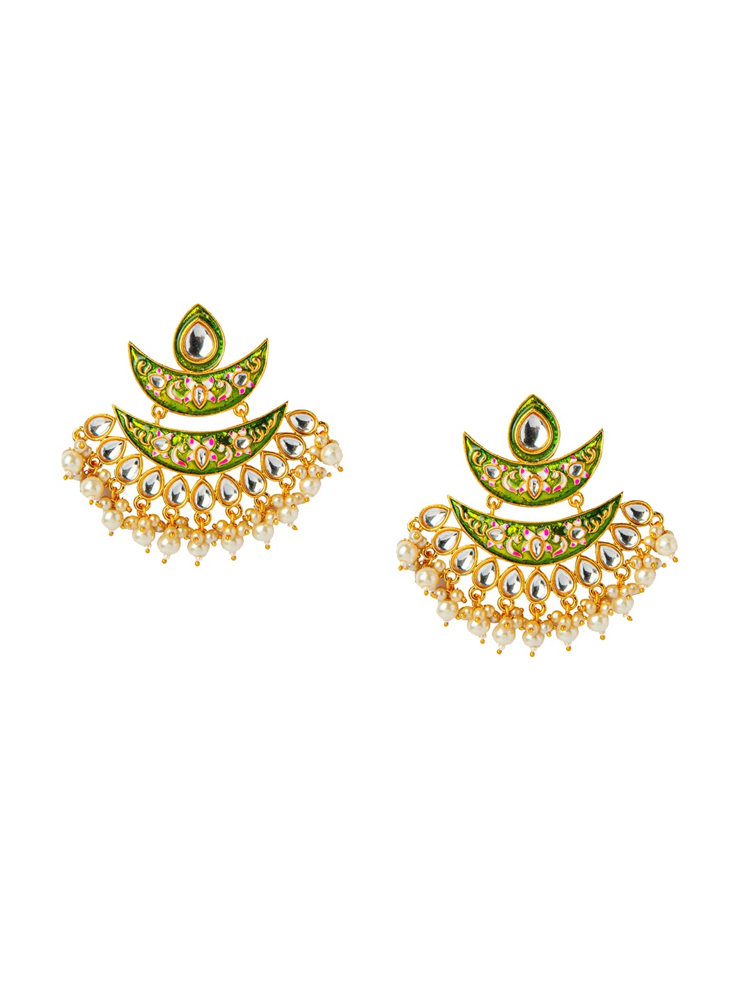 

Shining Jewel - By Shivansh Gold-Plated Green & White Crescent Shaped Chandbalis
