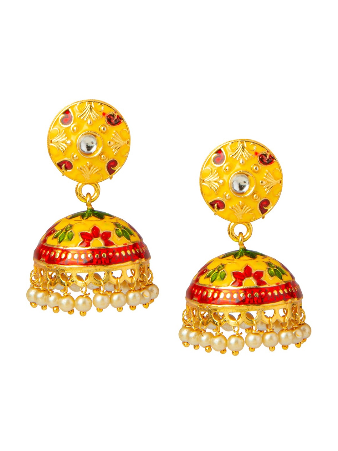 

Shining Jewel - By Shivansh Gold-Plated Red & Green Dome Shaped Jhumkas