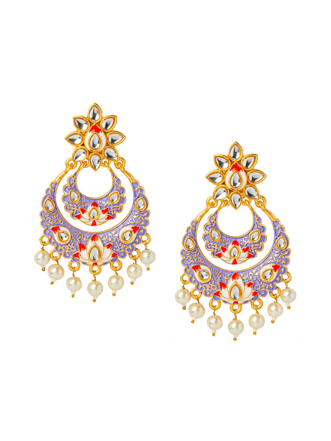 

Shining Jewel - By Shivansh Gold-Plated Purple & Red Crescent Shaped Chandbalis
